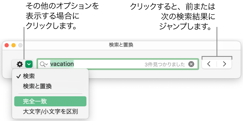 「検索と置換」ウインドウ。「検索」、「検索と置換」、「完全一致」、「大文字小文字を区別」のオプションを表示するポップアップメニューが表示された状態。右にある矢印で前または次の検索結果にジャンプできます。