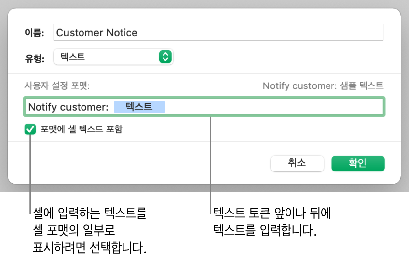 사용자 텍스트 셀 포맷.