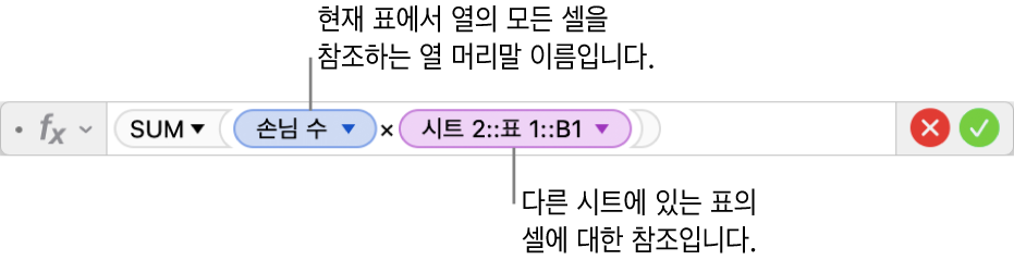 한 표의 열 및 다른 표의 셀을 참조하는 공식을 보여주는 공식 편집기.