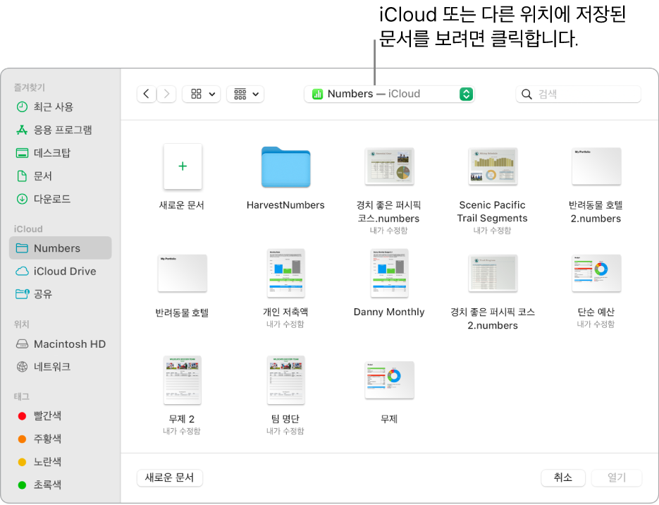 사이드바가 열려 있는 열린 대화상자가 왼쪽이 있고 상단의 팝업 메뉴에 iCloud Drive가 선택됨. Keynote, Numbers 및 Pages의 폴더가 새로운 문서 버튼과 함께 대화상자에 나타남.