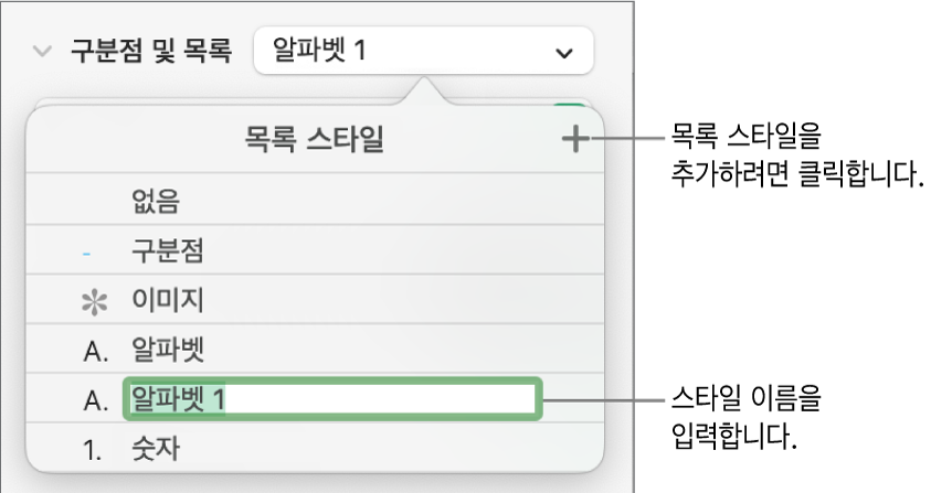 오른쪽 상단 모서리에 추가 버튼이 있는 목록 스타일 팝업 메뉴와 텍스트가 선택된 위치 지정자 스타일 이름.