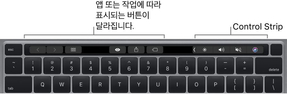 숫자 키 위에 Touch Bar가 있는 키보드입니다. 텍스트 수정 버튼은 왼쪽과 중앙에 있습니다. 오른쪽에 있는 Control Strip에는 밝기, 음량, Siri를 제어하는 시스템 제어기가 있습니다.