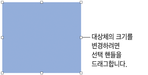 대상체의 크기를 변경하기 위해 테두리에 흰색 사각형이 있는 대상체.