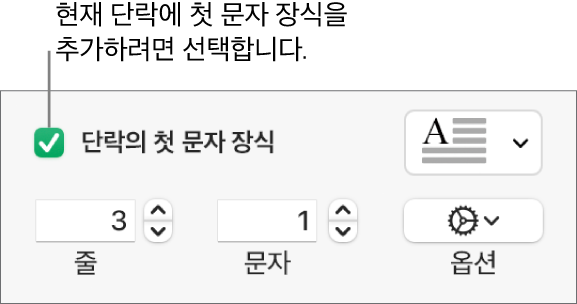 ‘단락의 첫 문자 장식’ 체크상자가 선택되어 있고 그 오른쪽에 팝업 메뉴가 나타남. 그 아래에는 줄 높이, 문자 수 및 기타 옵션을 설정하는 제어기가 있음.