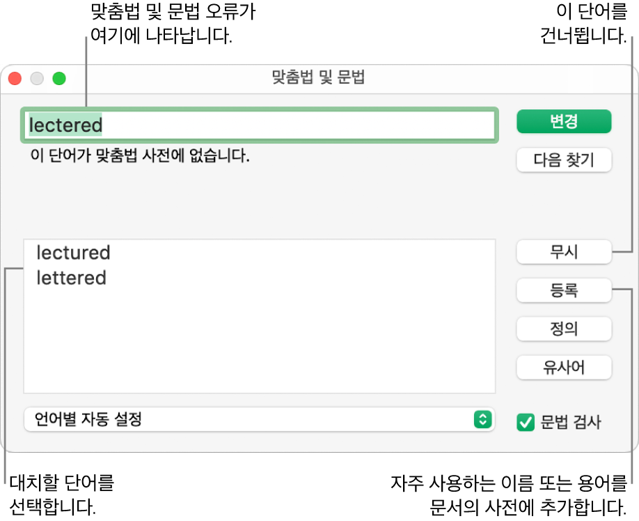 맞춤법 및 문법 윈도우.