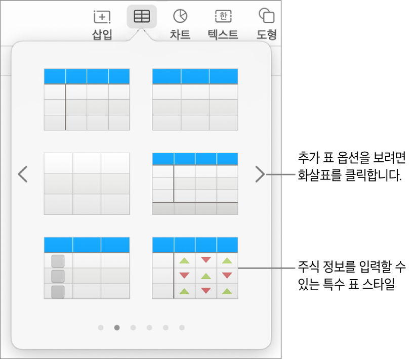 오른쪽 하단에 주식 정보 입력용 특수 스타일을 포함한 표 스타일의 썸네일을 표시하는 표 메뉴. 쓸어넘겨 스타일을 추가로 볼 수 있음을 표시하는 여섯 개의 점.