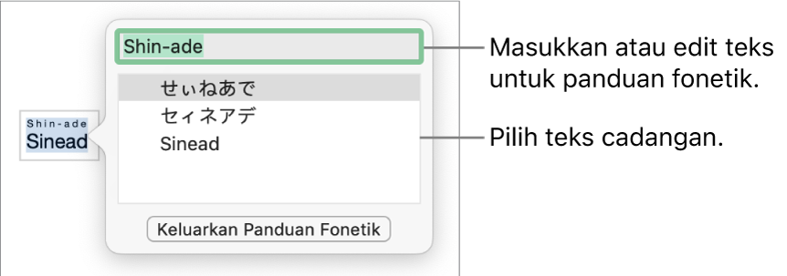 Panduan fonetik dibuka untuk perkataan, dengan petak bual ke medan teks dan teks cadangan.