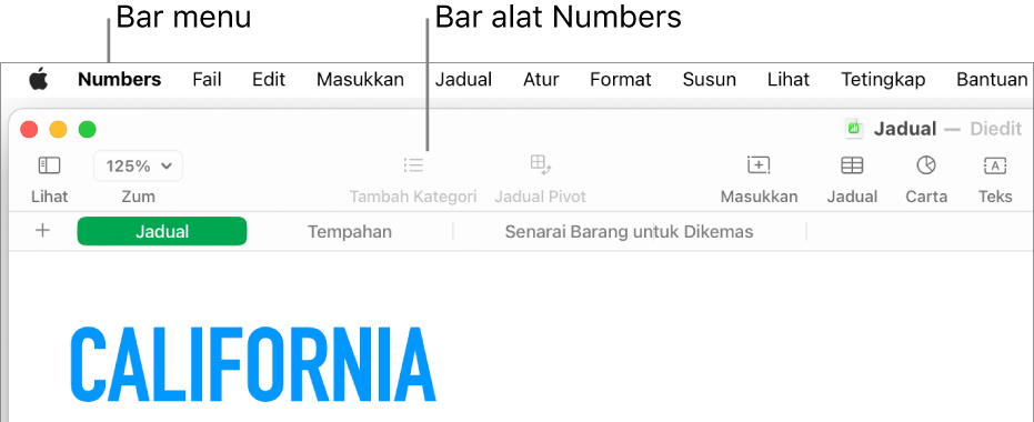 Bar menu di bahagian atas skrin dengan menu Apple, Numbers, Fail, Edit, Masukkan, Jadual, Atur, Format, Susun, Paparan, Tetingkap dan Bantuan. Di bawah bar menu ialah hamparan Numbers terbuka dengan butang bar alat merentas bahagian atas untuk Paparan, Zum, Tambah Kategori, Jadual Pivot, Masukkan, Jadual, Carta dan Teks.