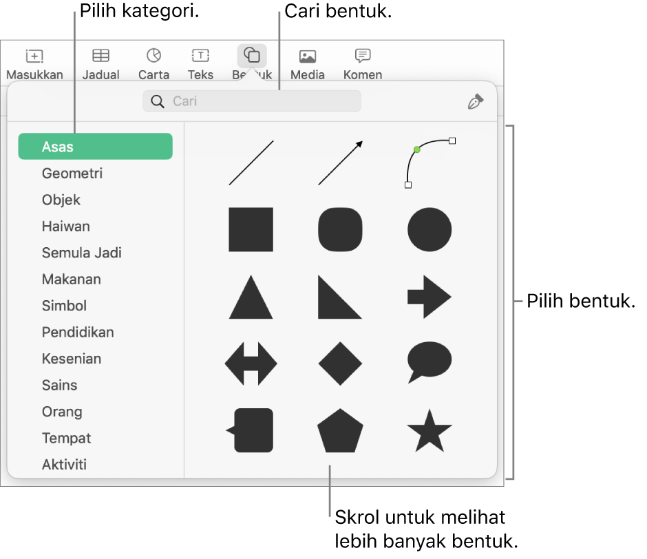 Pustaka bentuk, dengan kategori disenaraikan di kiri dan bentuk dipaparkan di kanan. Anda boleh menggunakan medan carian di bahagian atas untuk mencari bentuk dan skrol untuk melihat lebih banyak.