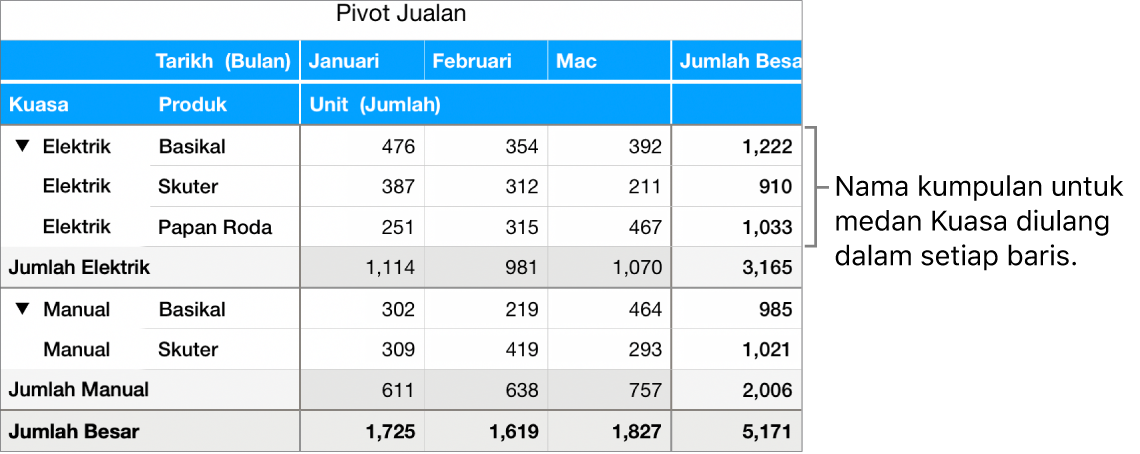 Carta pivot menunjukkan Elektrik dan Manual nama kumpulan untuk medan Kuasa, diulang dalam setiap baris.