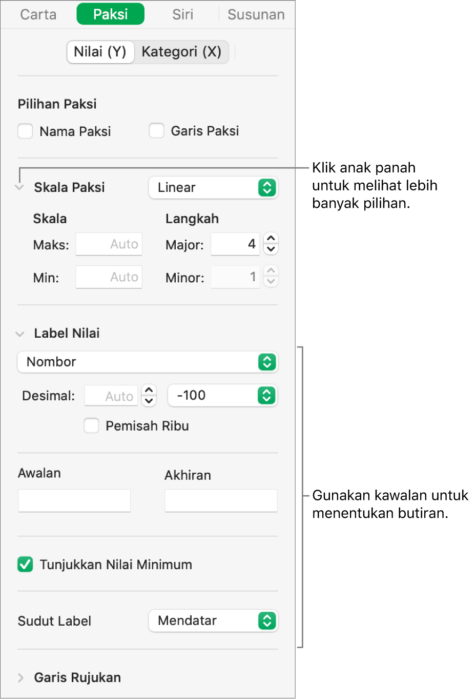 Kawalan untuk memformatkan tanda paksi carta.