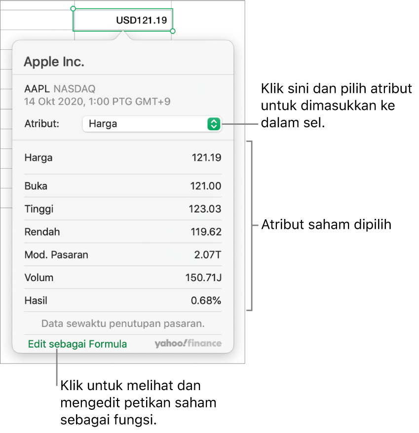 Dialog untuk memasukkan maklumat atribut saham, dengan Apple sebagai saham dipilih.