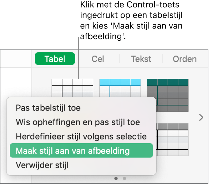 Het contextuele menu voor tabelstijlen.