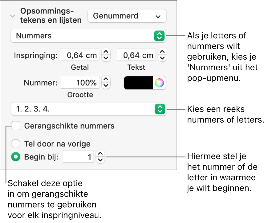 Regelaars voor het wijzigen van de nummeringsstijl en de afstand voor een lijst.