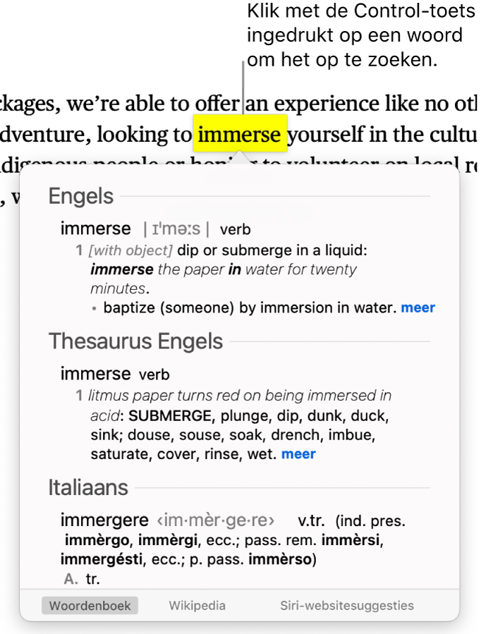 Tekst met een gemarkeerd woord en een venster met de definitie en een thesaurusvermelding. Onder in het venster staan drie knoppen: voor het woordenboek, Wikipedia en Siri-websitesuggesties.