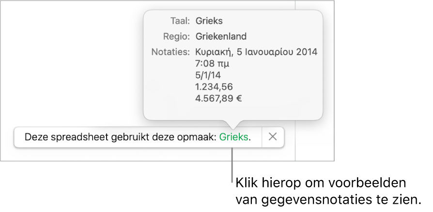 De melding van de afwijkende taal en regio, met voorbeelden van de opmaak in die taal en voor die regio.