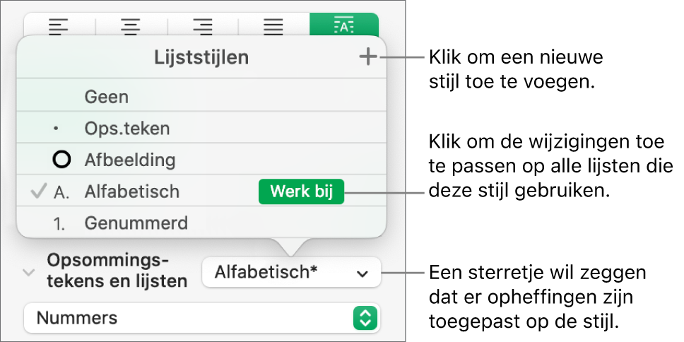 Het pop‑upmenu 'Lijststijlen' met een sterretje dat een opheffing aangeeft, uitleg bij de knop 'Nieuwe stijl', en een submenu met opties voor het beheren van stijlen.