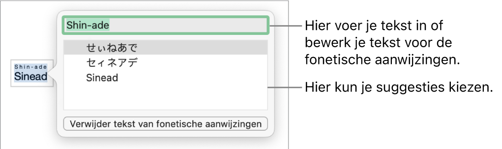 De fonetische aanwijzingen voor een woord, met uitleg bij het tekstveld en de voorgestelde tekst.