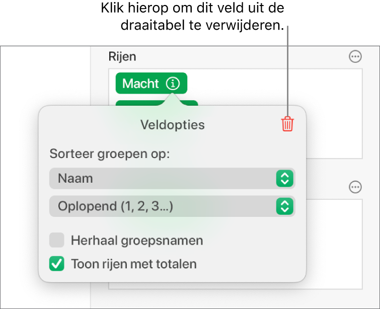 Het menu 'Veldopties', met de regelaars voor het groeperen en sorteren van gegevens, en de optie om een veld te verwijderen.