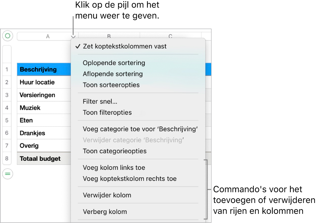 Het tabelkolommenu met commando's voor het toevoegen of verwijderen van rijen en kolommen.