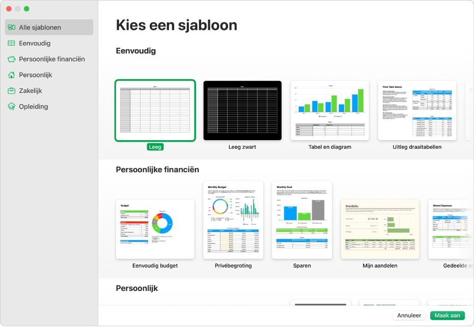 De sjabloonkiezer. De navigatiekolom aan de linkerkant bevat sjablooncategorieën waarmee je de beschikbare sjablonen kunt filteren. Aan de rechterkant staan miniaturen van vooraf gedefinieerde sjablonen die per categorie zijn gerangschikt. Bovenin staat de categorie 'Eenvoudig' en daaronder 'Persoonlijke financiën' en 'Persoonlijk'. Rechtsonder staan de knoppen 'Annuleer' en 'Maak aan'.