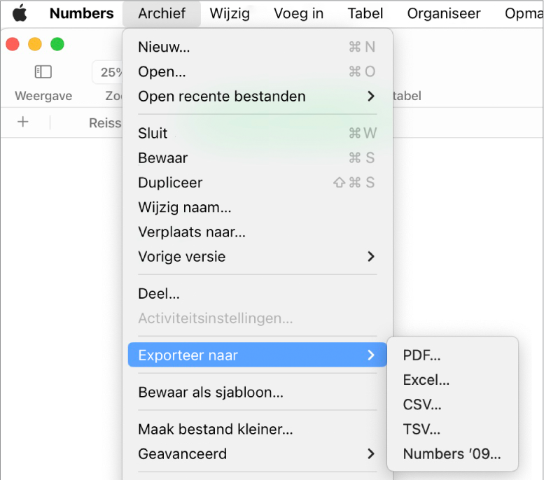 Geopend Archief-menu met de optie 'Exporteer naar' geselecteerd en in het submenu de exportopties voor pdf, Excel, CSV en Numbers '09.