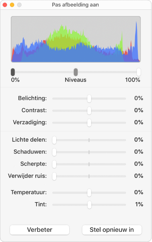 Het venster 'Pas afbeelding aan' met schuifknoppen voor de configuratie van belichting, contrast, verzadiging, markeringen, schaduwen, scherpte, ruisverwijdering, temperatuur en tint.