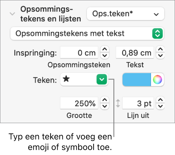 Het gedeelte 'Opsommingstekens en lijsten' in de navigatiekolom 'Opmaak'. In het veld 'Teken' staat een emoji van een ster.