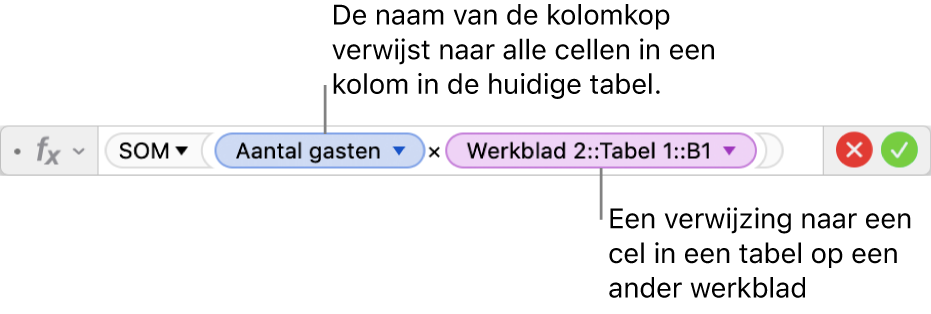 De formule-editor met een formule die verwijst naar een kolom in de ene tabel en een cel in een andere tabel.