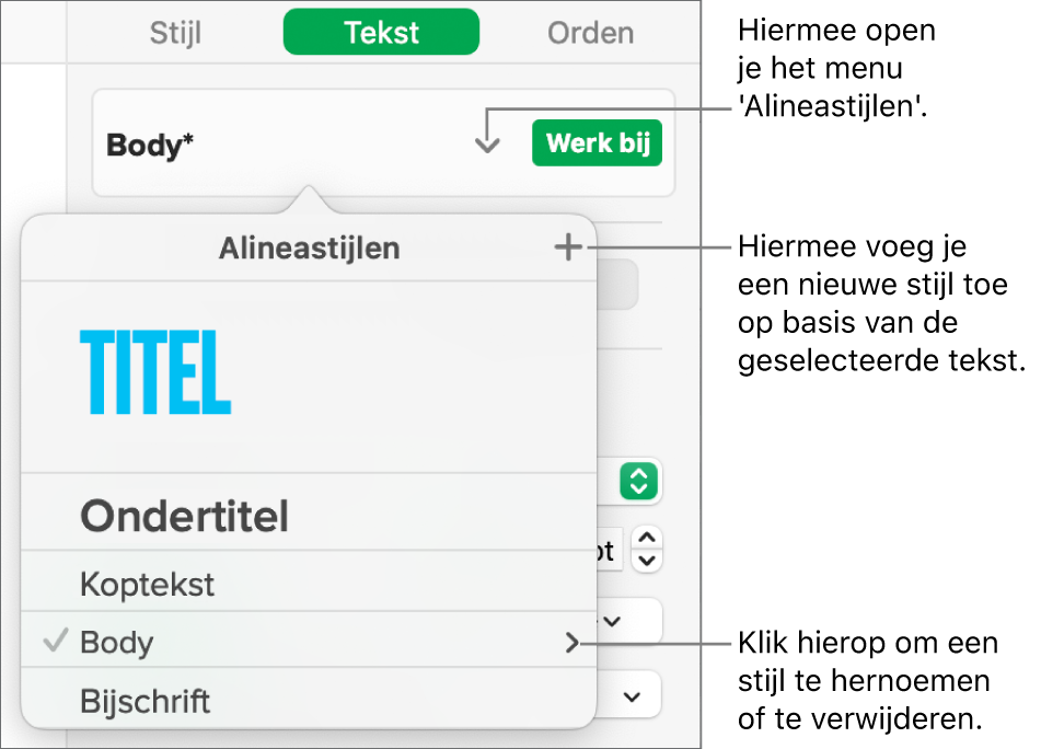 Het menu 'Alineastijlen' met regelaars voor het toevoegen of wijzigen van een stijl.