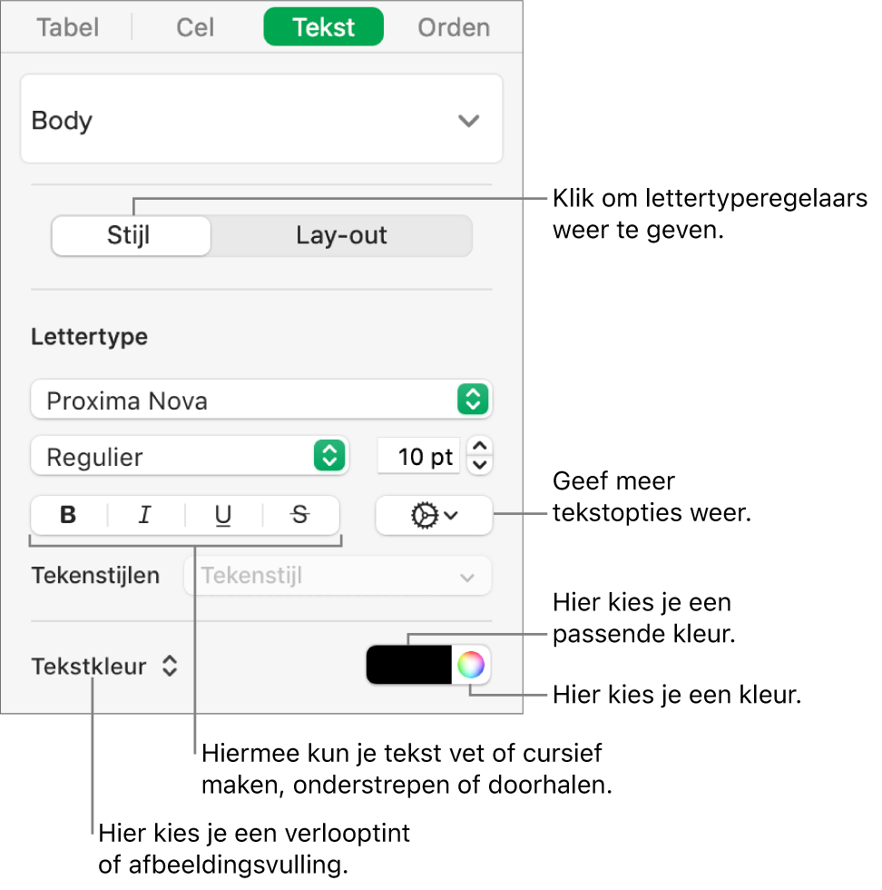 De regelaars voor tabeltekststijlen.