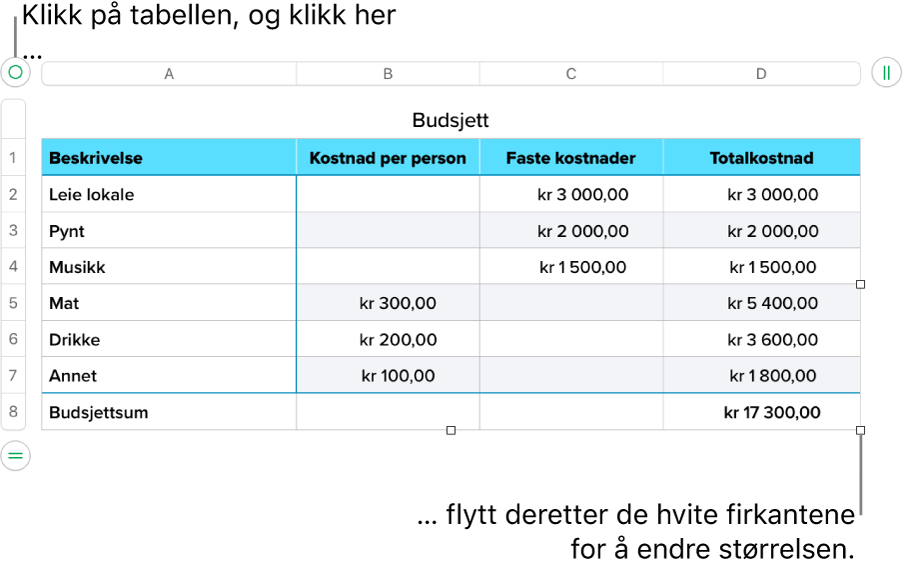 En markert tabell med hvite firkanter for å endre størrelsen.