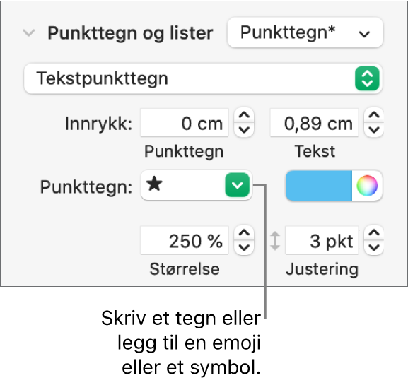 Punkttegn og lister-delen i Format-sidepanelet. Punkttegn-feltet viser en stjerneemoji.