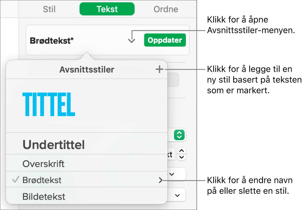 Avsnittsstiler-menyen, som viser kontroller for å legge til eller endre en stil.