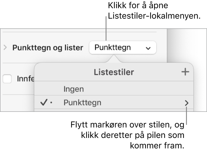 Listestiler-lokalmenyen med én stil markert og en pil helt til høyre for den.