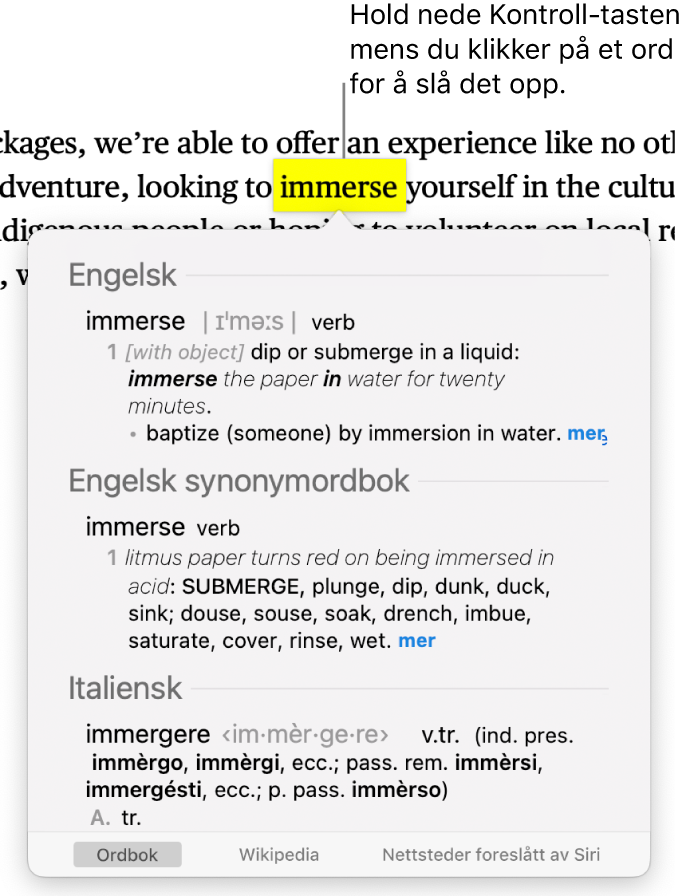 Tekst med et ord markert og et vindu som viser definisjonen og en synonymordbokoppføring. Tre knapper nederst i vinduet har lenker til ordboken, Wikipedia og nettsteder som Siri foreslår.