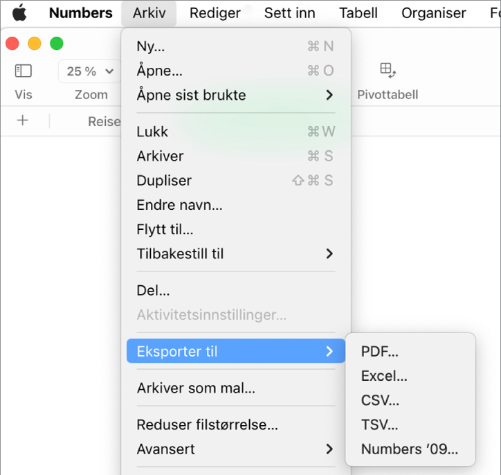 Arkiv-menyen åpen med Eksporter til markert, med undermenyen som viser eksportvalg for PDF, Excel, CSV og Numbers '09.