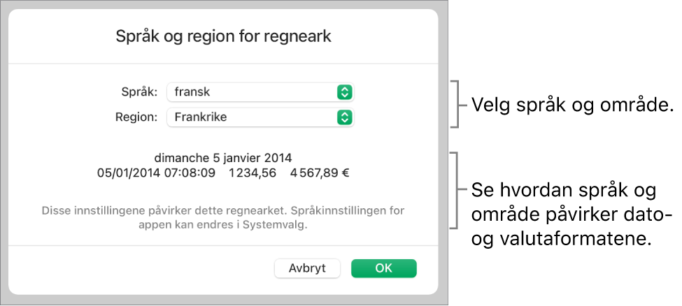Språk og region-panelet med kontroller for språk og region, og et formateksempel med dato, klokkeslett, desimaler og valuta.