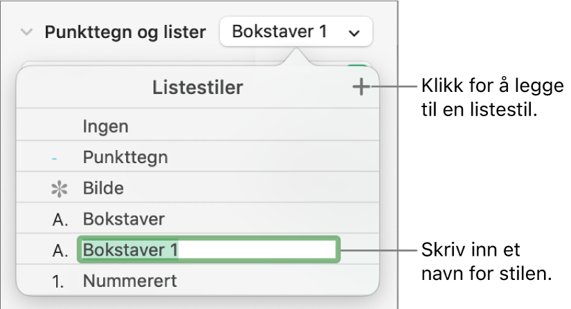 Listestiler-lokalmenyen med en Legg til-knapp øverst i høyre hjørne og et plassholderstilnavn med teksten markert.