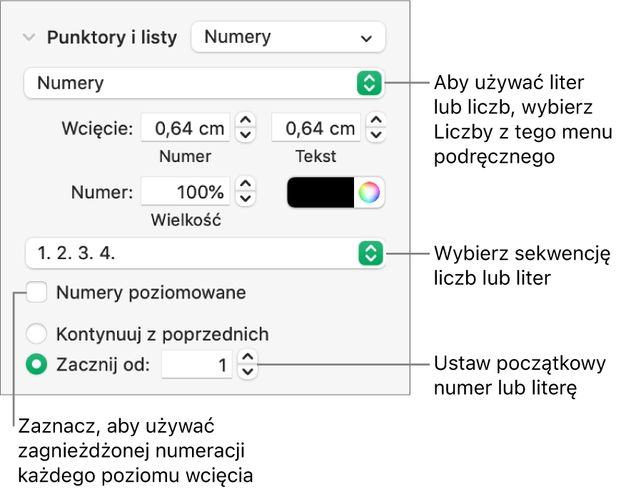 Narzędzia zmieniania stylu numeracji i odstępów listy.