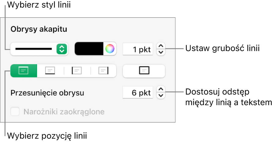 Narzędzia zmieniania stylu, grubości, pozycji i koloru linii.