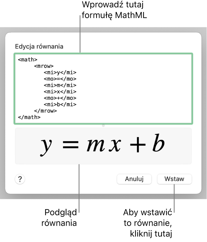 Równanie nachylenia linii zapisane w polu Edycja równania oraz podgląd tego równania poniżej.