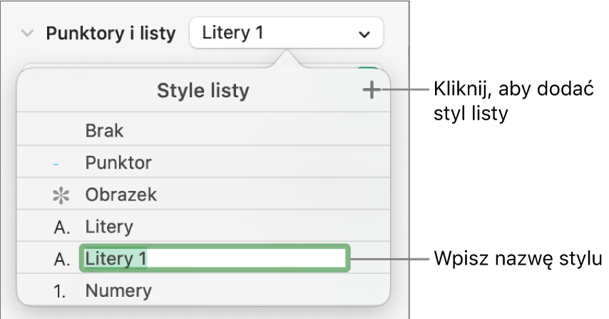 Menu podręczne Style listy z przyciskiem Dodaj w prawym górnym rogu oraz zaznaczoną zastępczą nazwą stylu.