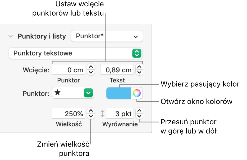 Sekcja Punktory i listy z etykietami wskazującymi narzędzia wcięć punktorów i tekstu, koloru punktora, wielkości punktora oraz wyrównywania.