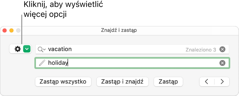 Okno Znajdź i zastąp z etykietą wskazującą przycisk pokazujący więcej opcji.