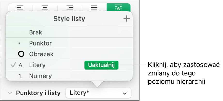 Menu podręczne Style listy z przyciskiem Uaktualnij obok nazwy nowego stylu.