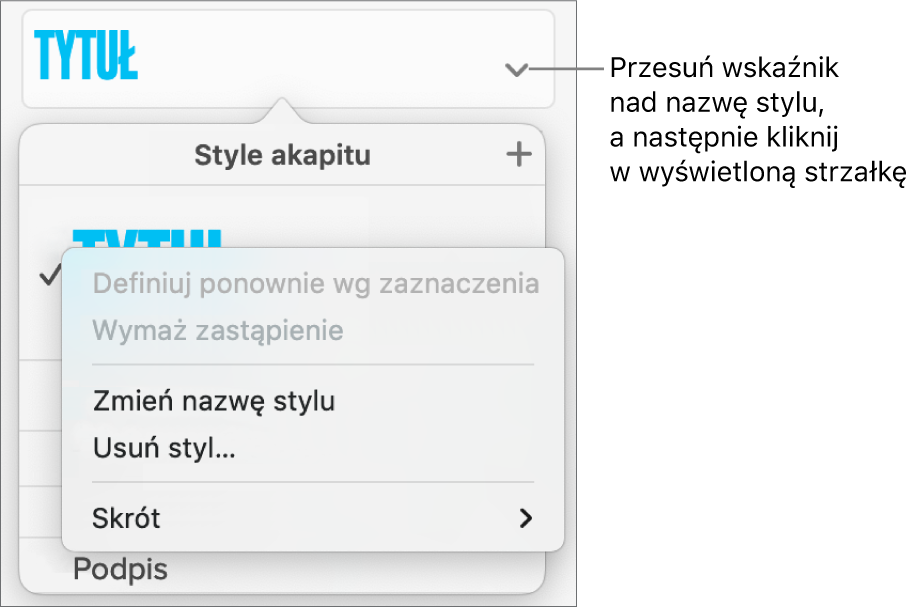 Menu Style akapitu z otwartym menu skrótów.