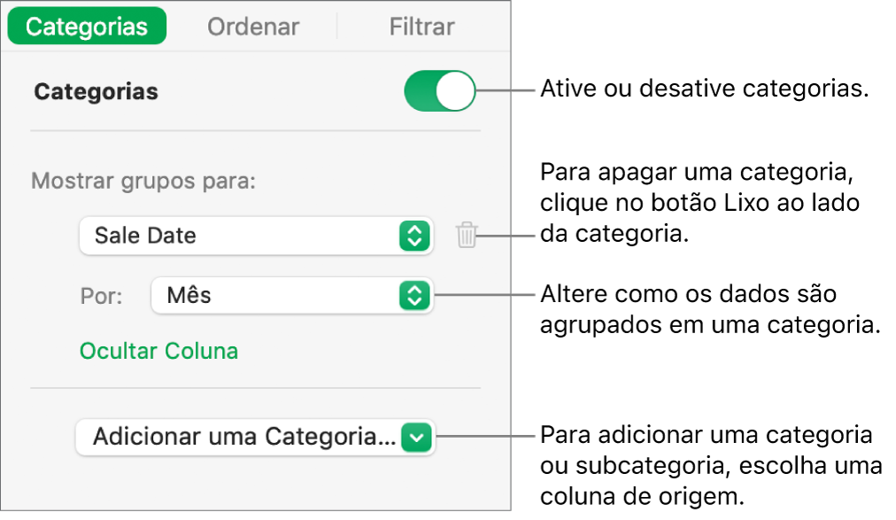 A barra lateral de categorias com opções para desativar categorias, excluir categorias, reagrupar dados, ocultar uma coluna de origem e adicionar categorias.