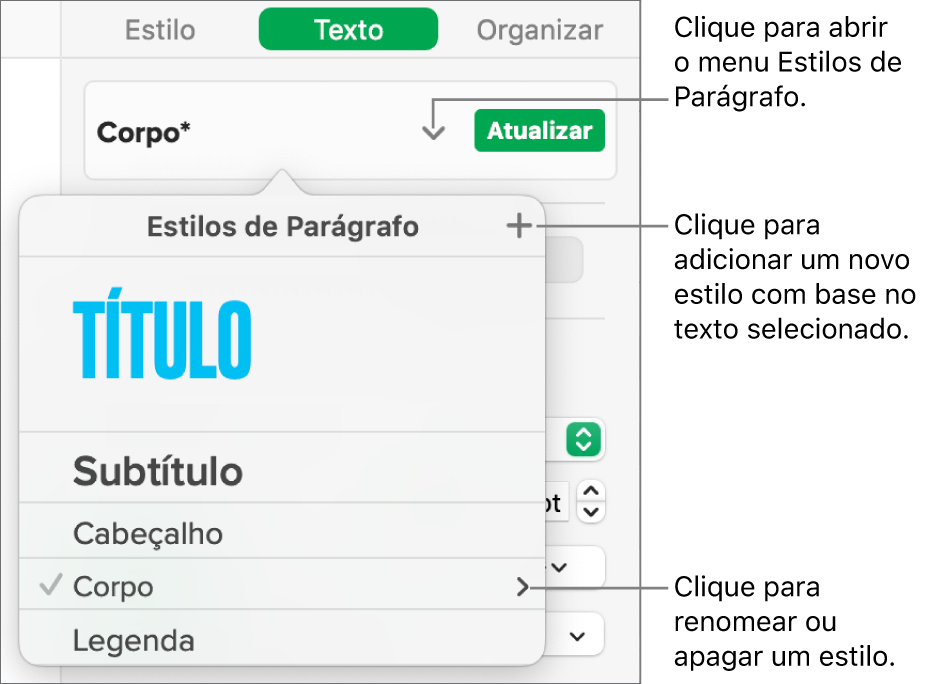 Menu Estilos de Parágrafo, exibindo os controles para adicionar ou alterar um estilo.