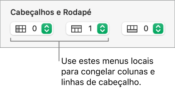 Menus locais para adição de colunas e linhas de cabeçalho e rodapé a uma tabela e para congelamento de linhas e colunas de cabeçalho.